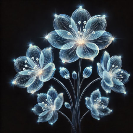 Beautiful blue flowers on black background. 3d rendering, 3d illustration.の素材
