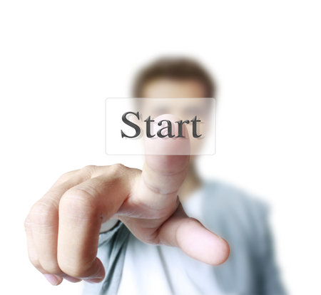 hand pushing on a touch screen interface の写真素材