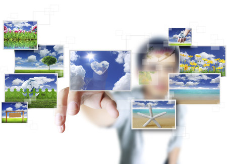 hand pushing on a touch screen interface の写真素材