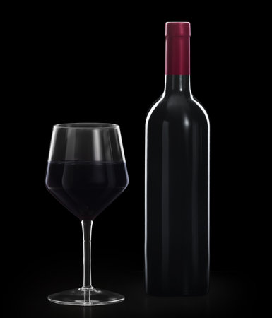 Glass of red wine and a bottle の写真素材