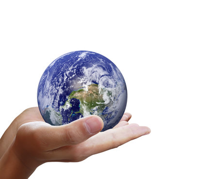 holding a glowing earth globe in his handの写真素材