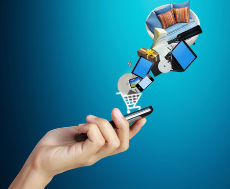 Touch screen mobile phone, in hand and globesの写真素材