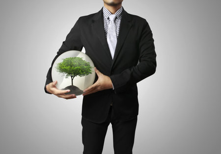 Businessman and green plant in a handの写真素材