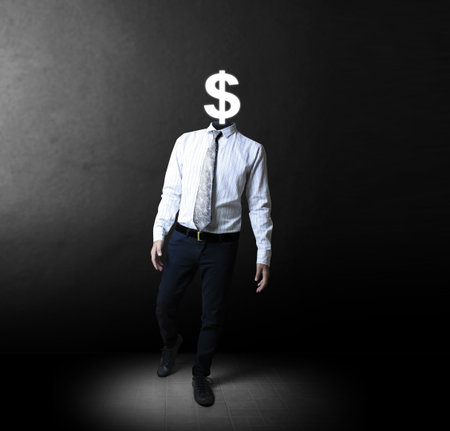 Open minded man with Dollar Sign inside thinking の写真素材