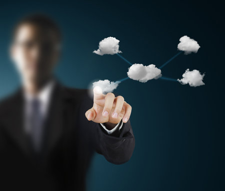 Business men hand pushing social network structure の写真素材