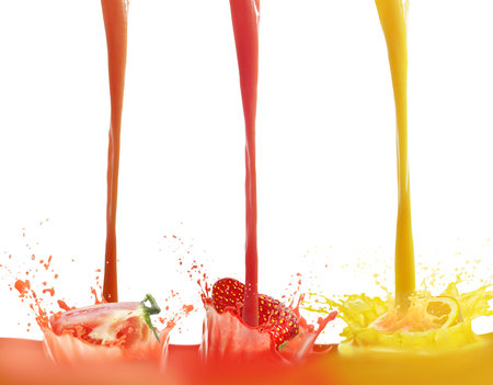  fresh juice pours from fruits on a white backgroundの写真素材