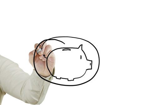 Business man drawing Doodle style piggy bank の写真素材