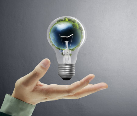 Light bulb, in a hand の写真素材
