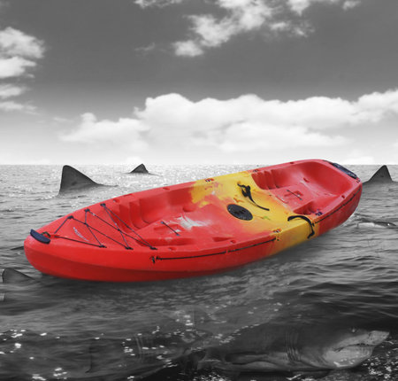 boat with the sharks around の写真素材