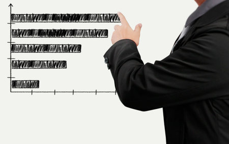 businessman with financial symbols coming from handの写真素材