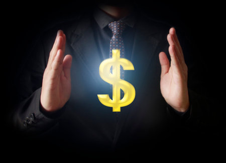 Man touching online button with money icon, money conceptの写真素材