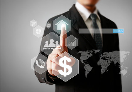 Man Hand pressing modern social buttonの写真素材