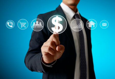 Man Hand pressing modern social buttonの写真素材