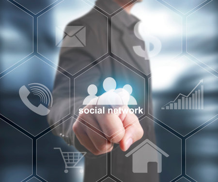 Holding virtual icon of social networkの写真素材