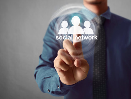 Hand touch virtual icon of social networkの写真素材