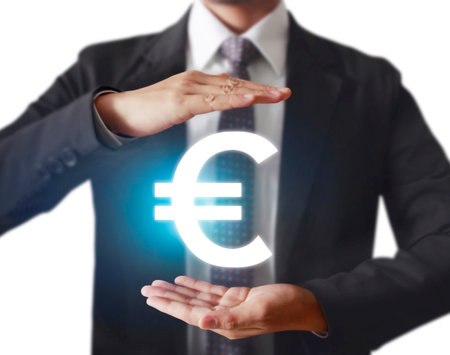 businessman with financial symbols coming from handの写真素材