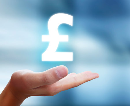 businessman with financial symbols coming from hand の写真素材