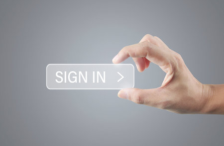 Hands touching button screen interface global connection customer networking data exchangesの写真素材