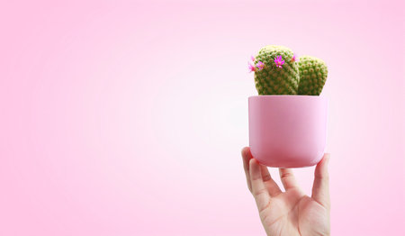 Close up image of human hands holding plant cactus sproutの写真素材