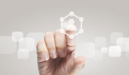 Hands touching button screen interface global connection customer networking data exchangesの写真素材