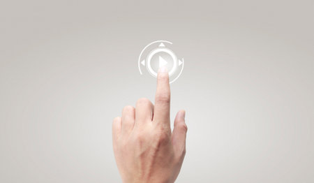 Hands touching button screen interface global connection customer networking data exchangesの写真素材