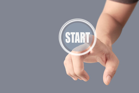 Hands touching button screen interface global connection customer networking data exchangesの写真素材