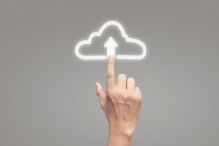 Hands touching button screen interface global connection customer networking data exchanges