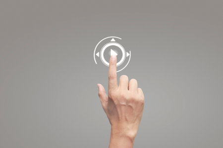 Hands touching button screen interface global connection customer networking data exchanges