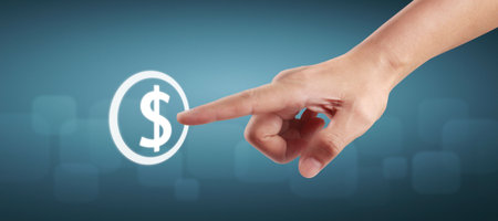 Hands touching button screen interface global connection customer networking data exchangesの写真素材