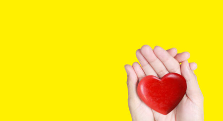 Hands holding a red heart .health and donation conceptsの写真素材