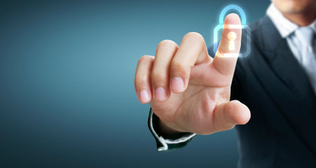Hands touching button screen interface global connection customer networking data exchanges