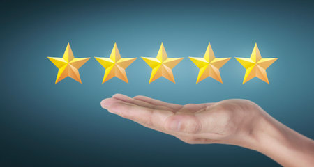 Hand of touching rise on increasing five stars. Increase rating evaluation and classification...