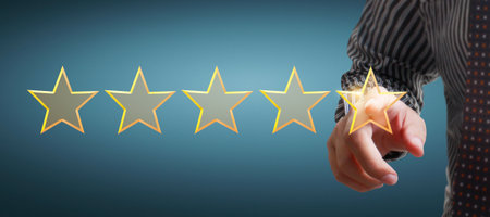 Hand of touching rise on increasing five stars. Increase rating evaluation and classification...