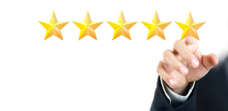 Hand of touching rise on increasing five stars. Increase rating evaluation and classification...