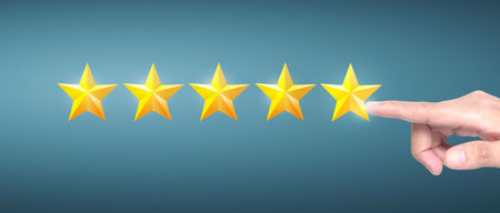 Hand of touching rise on increasing five stars. Increase rating evaluation and classification...