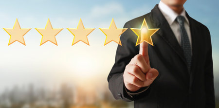 Hand of touching rise on increasing five stars. Increase rating evaluation and classification...