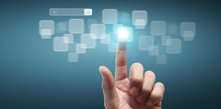 Hands touching button screen interface global connection customer networking data exchangesの写真素材