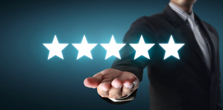 Rise on increasing five stars in human hand, Increase rating evaluation classification concept