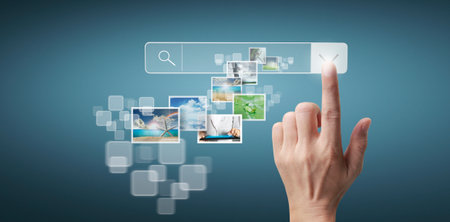 Hands touching button screen interface global connection customer networking data exchangesの写真素材