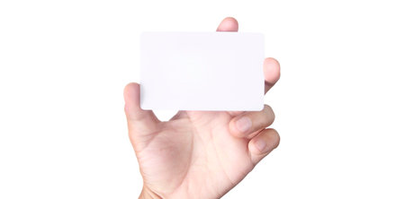 Close up of hand holding virtual card with. Credit card in hand isolatedの写真素材