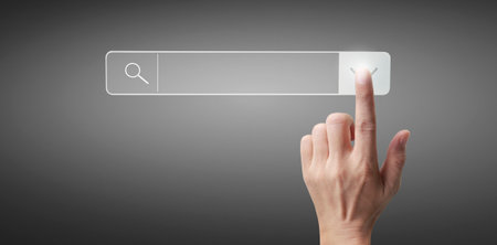 Hands touching button screen interface global connection customer networking data exchangesの写真素材
