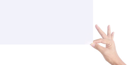Empty space for text.The hand is holding the white blank paperの写真素材