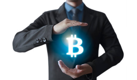 Hands showing bitcoin icon as virtual money on digitalの写真素材