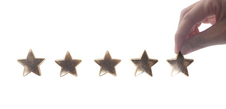 Rise on increasing five stars in human hand, Increase rating evaluation classification concept