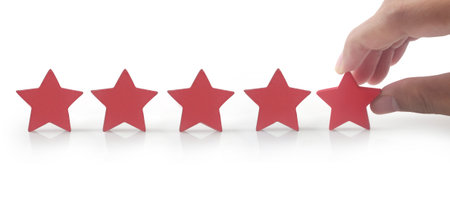 Rise on increasing five stars in human hand, Increase rating evaluation classification concept