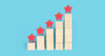 Wooden blocks with the five star symbol Increase rating, Customer experience