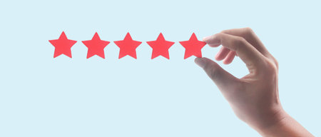Rise on increasing five stars in human hand, Increase rating