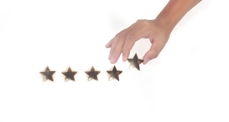 Rise on increasing five stars in human hand, Increase rating