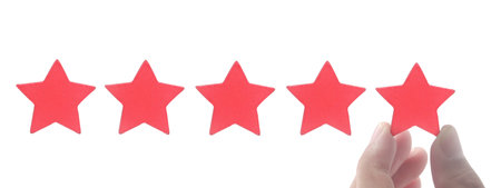 Rise on increasing five stars in human hand, Increase rating