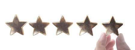 Rise on increasing five stars in human hand, Increase rating